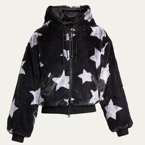 Blanc Noir Faux-Fur Reversible Star Hoodie - LARGE - Furry Soft Black Grey Stars